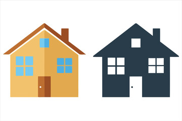 Illustration of two houses, one in orange and the other in dark blue, representing different styles, choices, or concepts related to home, property, or real estate