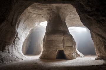 Cave interior, natural light, rock formations