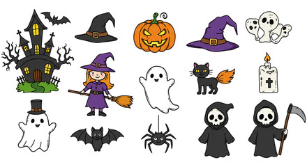 Halloween element set. Design for web banner, scrapbook, greeting card, invitation, poster, template, tag, stickers and party clipart.