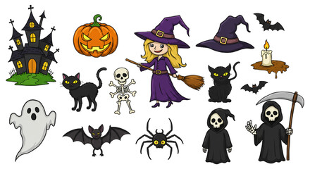 Halloween element set. Design for web banner, scrapbook, greeting card, invitation, poster, template, tag, stickers and party clipart.