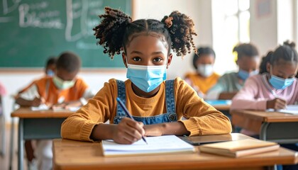 A young girl with pigtails wears a mask while seated at her school desk, writing, surrounded by classmates in a classroom