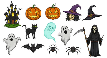 Halloween element set. Design for web banner, scrapbook, greeting card, invitation, poster, template, tag, stickers and party clipart.