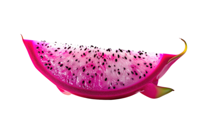 Close-up of a vibrant pink dragon fruit slice, displaying white flesh dotted with black seeds