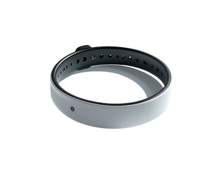 Light gray, circular fitness tracker, with dark gray accents and perforated band