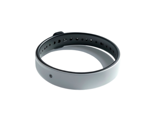Light gray, circular fitness tracker, with dark gray accents and perforated band