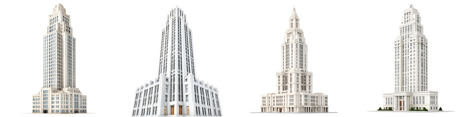 Art Deco Skyscraper Buildings Collection on White Background, Architectural Design