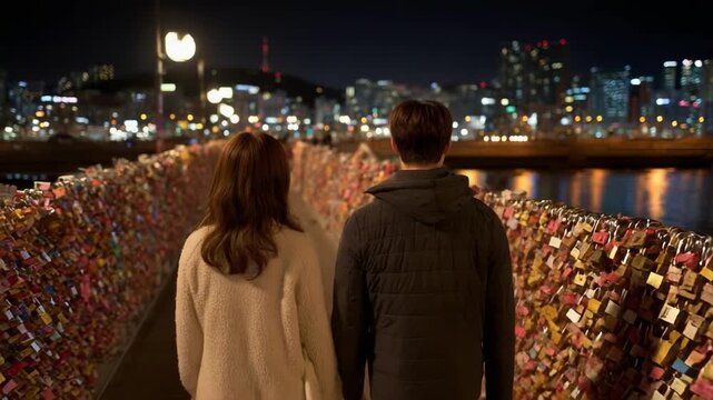 Two people walk on a bridge covered with love locks at night, with a city skyline lit up in the background.