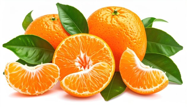 Vivid composition of whole and sliced oranges with green leaves arranged on white backdrop, featuring bright colors and appealing texture