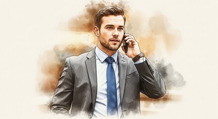 Businessman in Suit Talking on Phone Watercolor Illustration