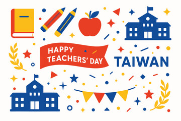 Flat solid color vector wallpaper featuring elements representing Teachers’ Day in Taiwan, including books, pencils, apple icons, school building silhouettes, laurel wreaths, and celebratory banners. 
