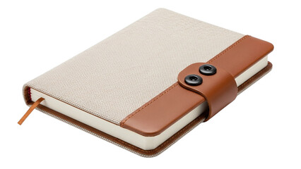 Cream colored notebook with brown leather strap and black buttons for journal writing ideas notes on transparent background