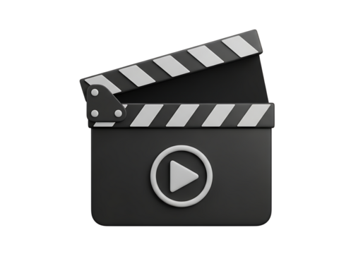 Illustration of a black movie clapboard with a play button icon, isolated on a transparent background, symbolizing filmmaking on transparent background