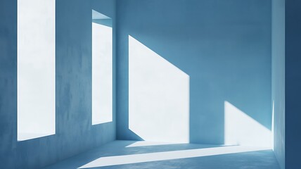 Obraz premium Serene blue room bathed in bright geometric sunlight creating a peaceful, minimalist atmosphere.