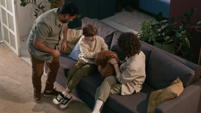 High angle shot of smiling man bringing miniature poodle home for first time, delighted son and mother petting dog while sitting on couch in living room