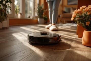 Obraz premium Robot vacuum cleaning sunny home interior with wooden floor and flowers