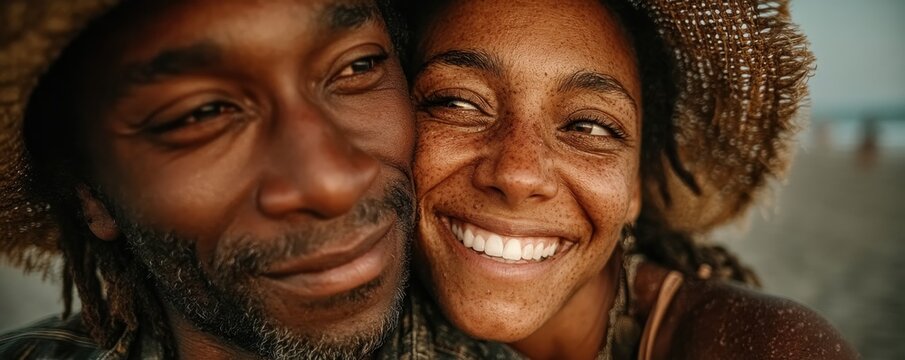 Smiling couple enjoying a sunny day together on the beach
