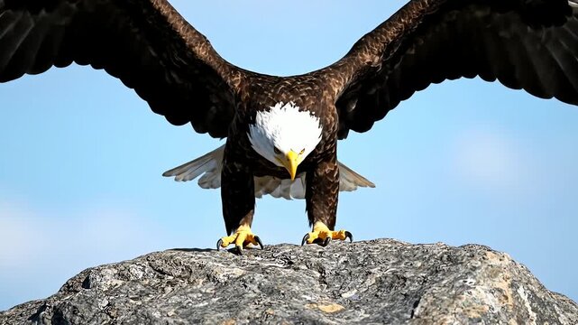  Majestic Bald Eagle Sequence: A Symbol of Freedom and Wilderness landing on Rock, with Expansive Wings and Keen Gaze against clear blue sky