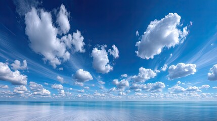 Wide Angle View of Blue Sky and White Clouds Over Ocean Water Reflecting Sunlight in Panoramic Dreamy Landscape