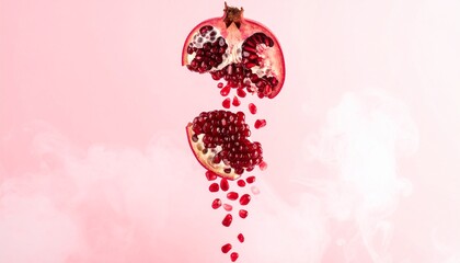 Halved pomegranate with seeds falling against a pink background.