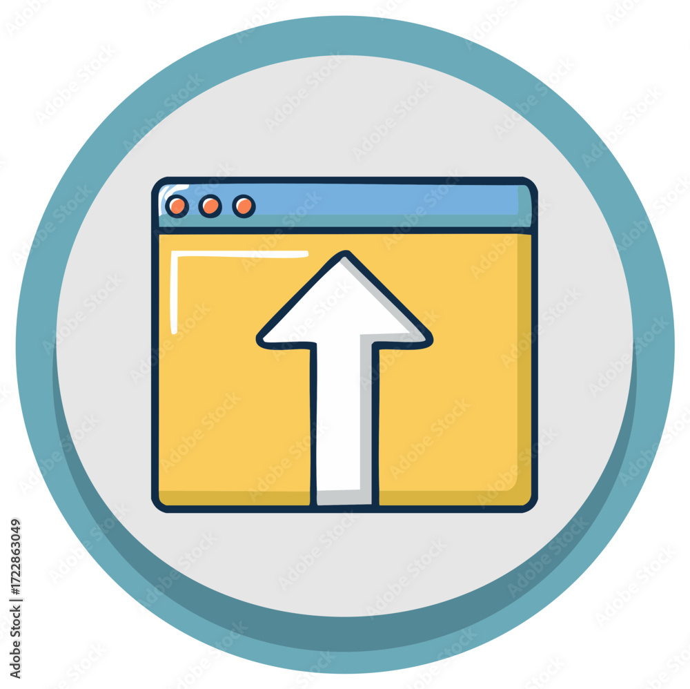 Poster browser window with upward arrow icon symbolizing file upload and data transfer