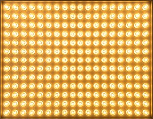 Uniform grid of glowing warm lights, each emitting a bright, soft glow. Arranged in a dark frame, they create a repeating and consistent pattern