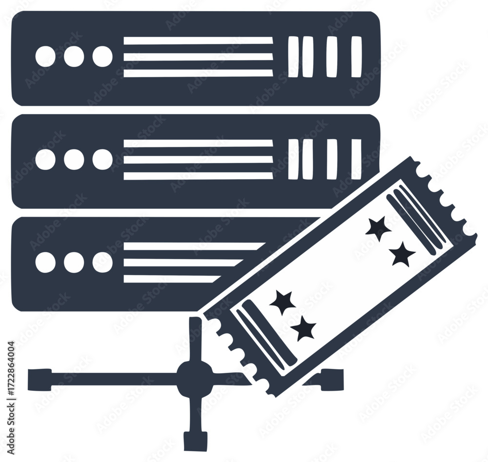 Poster data servers and event ticket icon representing online booking and secure digital access
