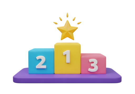 Illustration of a 3d podium with first, second, and third place winners, and a shining star on top, isolated on transparent background on transparent background