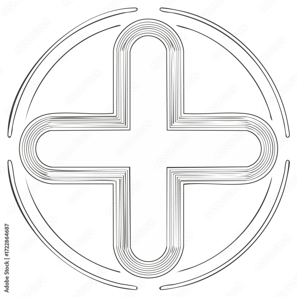 Poster geometric layered cross icon with rounded ends inside an open circular outline
