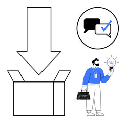 Open cardboard box with a downward arrow, speech bubbles with a checkmark, and a businessman holding a lightbulb as a symbol of innovation. Ideal for creativity, problem-solving, decision-making