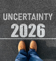 A person standing at the edge of a marked line on asphalt with the word Uncertainty and the year...