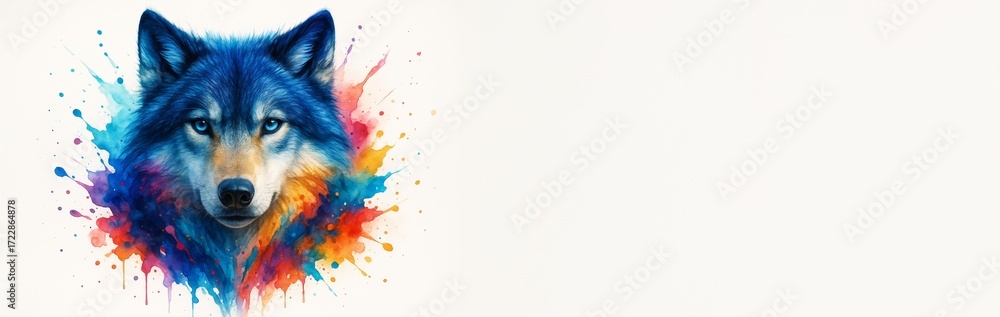 Poster blue wolf face with colorful splash effect on white background with empty copyspace for design or ba