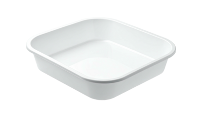 A pristine white, square-shaped plastic basin with slightly rounded corners and a smooth, shallow interior