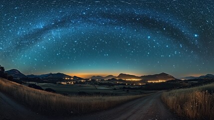 Stunning night sky panorama with Milky Way over mountains, starry sky landscape with galaxy arch, peaceful countryside illuminated by starlight and distant city lights.”