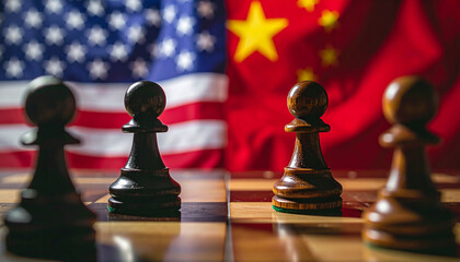 Naklejka premium Chess pawns featuring USA and China flags. Geopolitical, global politics, strategic tension.