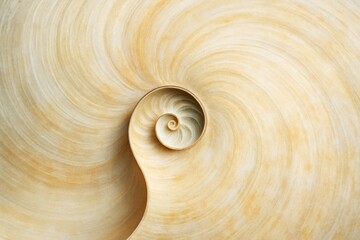 Abstract spiral shell pattern with natural beige tones forming a smooth swirling background, highlighting the concept of organic symmetry and light. Ai generative