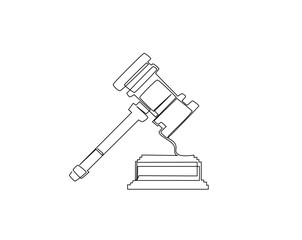 Judge's hammer over the the block outline drawing illustration. one continuous line drawing of justice hammer.