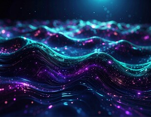 Abstract digital waves with glowing particles in vibrant blue and purple hues, representing data flow or energy.