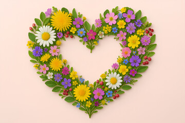 Colorful Heart Shaped Floral Arrangement on Pastel Background