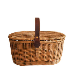 Classic Woven Picnic Basket with Leather Handle on a transparent background woven basket wicker basket