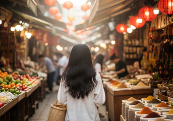 A woman with long black hair walks through a bustling Asian market, surrounded by vibrant stalls and lanterns.