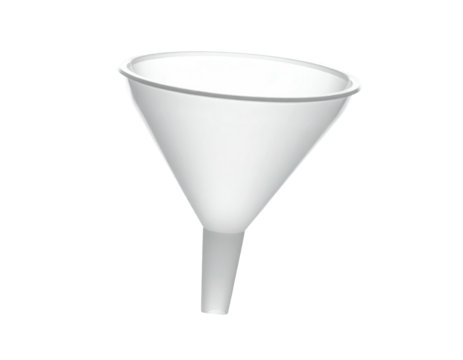 White plastic funnel, conical shape, smooth surface