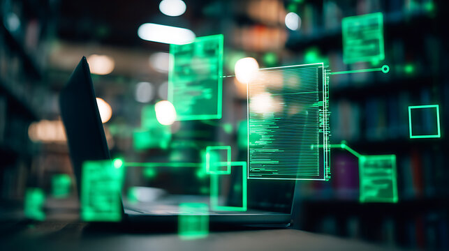 Laptop with floating digital code and data streams in a library setting