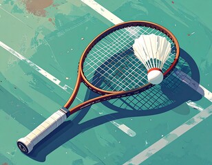 Badminton racket on a teal court