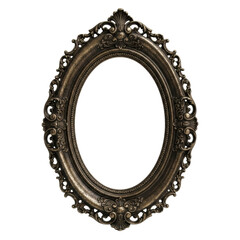 Empty, antique oval picture frame, dark aged bronze, distressed patina, intricate filigree, isolated on a transparent background with copy space, soft studio lighting. Historical beauty concept