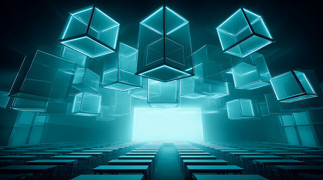 Floating transparent cubes in a futuristic corridor with glowing blue light