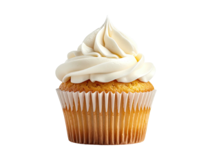 A single vanilla cupcake with creamy, swirled frosting in a light brown paper liner