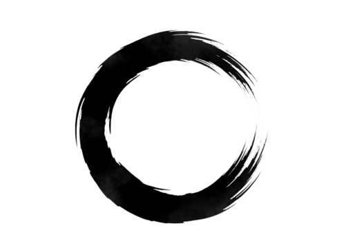 Illustration of black ink circle painted with a brush stroke, symbolizing zen or emptiness, isolated on transparent background on transparent background