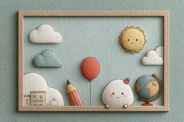Playful educational composition with colorful paper illustrations of school elements