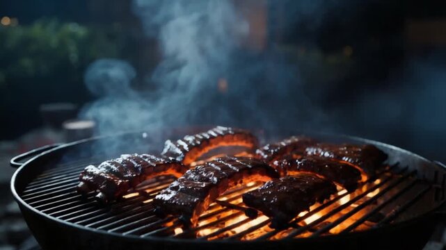 BBQ ribs grilling with smoke