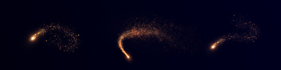 Golden magic comet with many sparkling dust particles and shimmering light effects. Vector light effect for dark background.	
